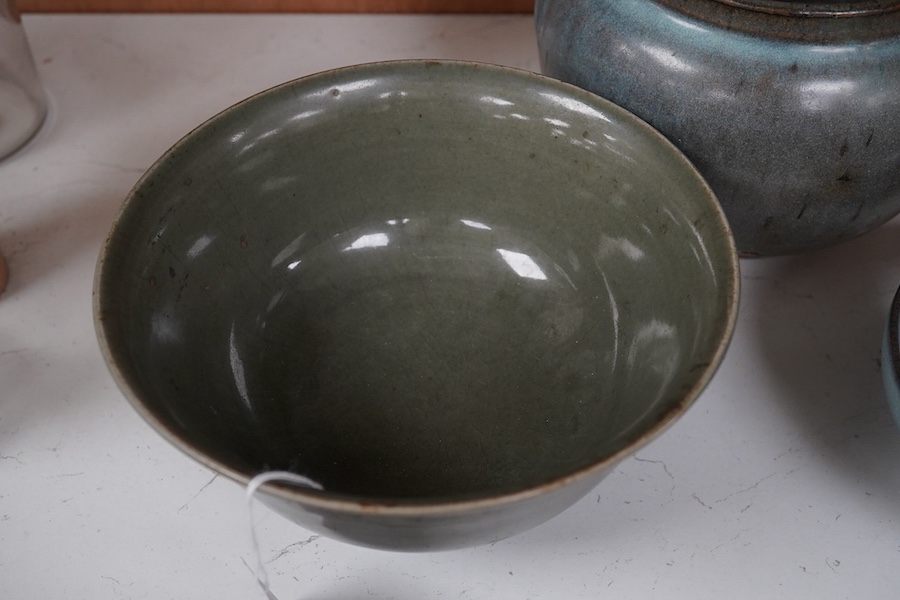 A Chinese Jun type bowl, similar two handled vase and a spinach green glazed bowl, vase 13.5cm high. Condition - all have glazing faults